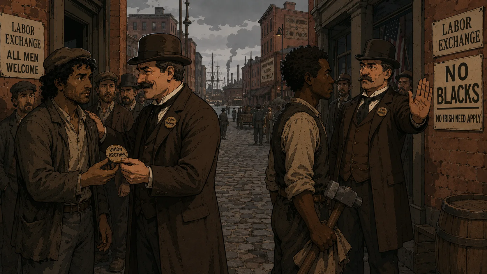 Split composition depicting the wages of whiteness — an Irish immigrant figure being admitted to a hiring line while a free Black American is turned away, 1860s Northern city